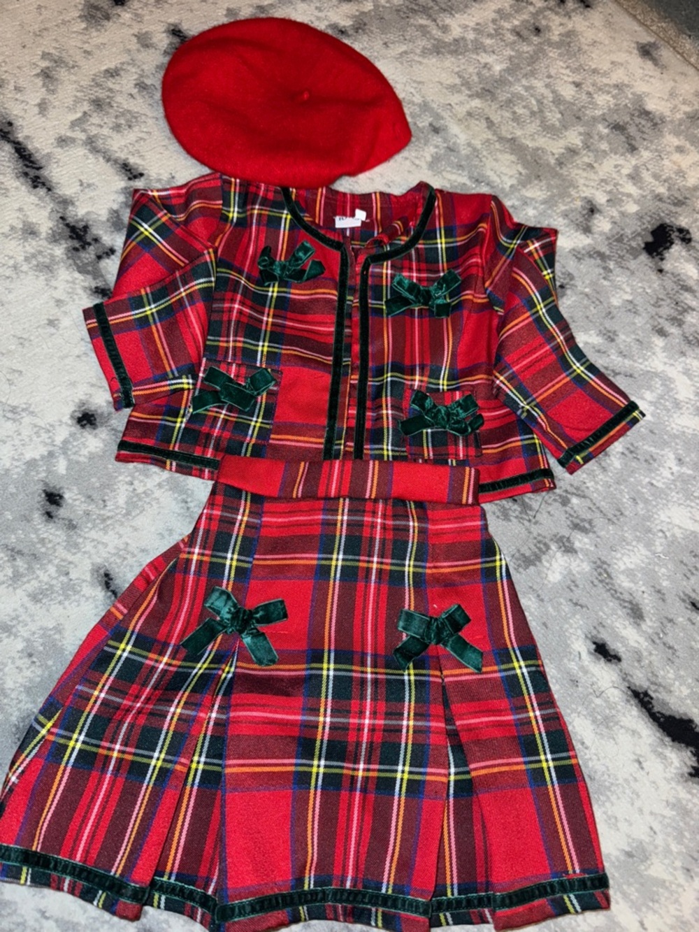 Girls Red Plaid Skirt Set with Beret - Classic Holiday Costume